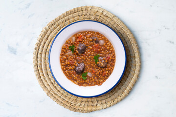 Lentils with chorizo ​​and black blood sausage. Typical Spanish recipe north of Spain.