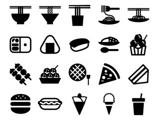 フードコートの料理のアイコンのセット_黒ベタ