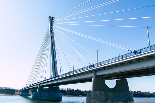 the new bridge Monostor between Slovakia and Hungary, Komarom and Komarno in daylight