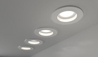 Spotlights recessed ceiling 3D render. Realistic interior room with round glowing downlights at night. Artificial lighting, LED lamps for home or office on dark background, angle view - obrazy, fototapety, plakaty