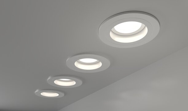 Spotlights recessed ceiling 3D render. Realistic interior room with round glowing downlights at night. Artificial lighting, LED lamps for home or office on dark background, angle view