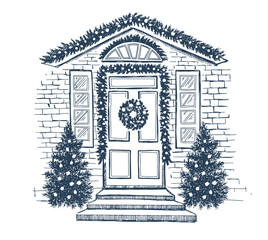 Door decoration. Christmas card poster banner. Hand drawn illustration. Vector.
