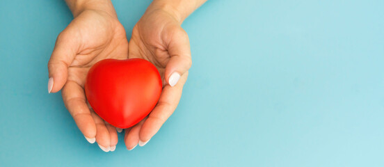 In the hands of a woman is a toy red small heart on a blue background, a banner, copyspace on the right. Mother's love, caring for loved ones, maternal affection. organ donation, heart transplant