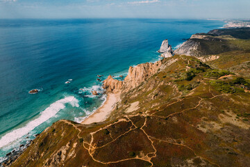 Fototapeta premium Aerial drone view of Ursa Beach near Cabo da Roca, Portugal