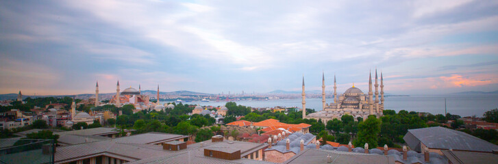 Blue mosque and Hagia Sophia photographed as aerial view panorama