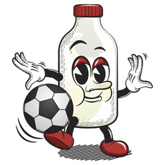 vintage cartoon character vector illustration of a milk bottle playing football