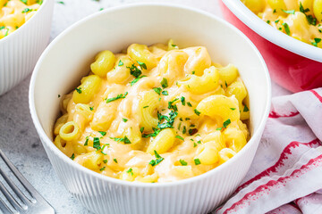 Mac and cheese in white bowl. Traditional American food.