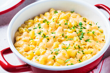 Mac and cheese in red pot. Traditional American food.