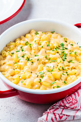Mac and cheese in red pot. Traditional American food.
