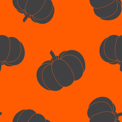 Seamless pattern with cozy grey pumpkins on the orange background. Vector cartoon illustration, hello autumn. Thanksgiving day background. Hygge time. Halloween party kitchen linen decor with squash.