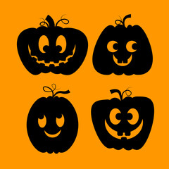 Set of black silhouettes of cheerful pumpkins on an orange background