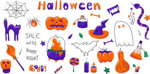 Halloween set of objects and inscriptions doodle 35 objects