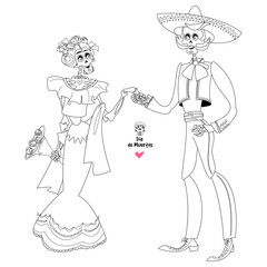Skeleton couple in love. Dia de Muertos. Mexican tradition. Сoloring page
