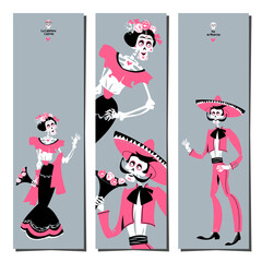 Set of 3 bookmarks with Skeleton couple in love. Dia de Muertos