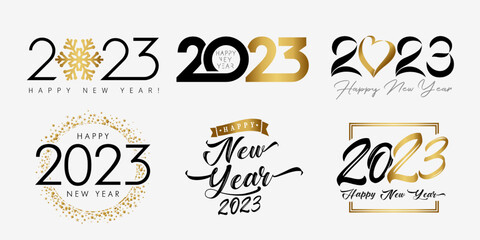 Big Set of 2023 Happy New Year, golden and black logo with snowflake, heart, inscription. 20 23 isolated vector graphic design template. Creative Christmas decoration