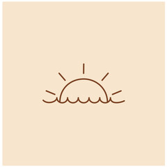 sun logo, sunset sunrise with beach ocean sea water logo icon vector in trendy line linear boho style, abstract outline logo vector for wal art