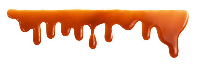 Dripping caramel drops of sweet sauce isolated on white background. Melted caramel sauce - 531701259