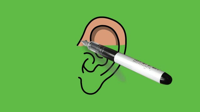 Draw body part of human ear with brown light and dark color combination with black pen and outline on abstract green screen background
