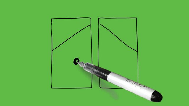 Draw cartoon eyes in rectangular shape with triangle eye brow and small black eye balls with black pen and black outline on abstract green screen background
