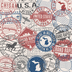 Grand Rapids, MI, USA Set of Stamps. Travel Stamp. Made In Product. Design Seals Old Style Insignia.