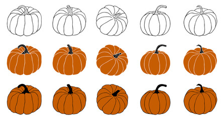 Set of autumn pumpkins outline hand drawn vector illustration seasonal elements for design