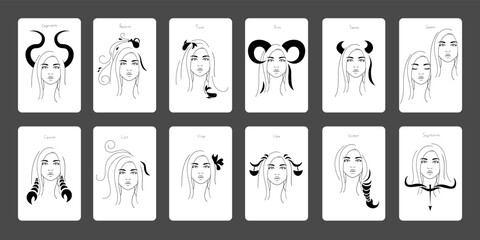 Collection of astrological zodiac signs. Hand drawn line art girl zodiac face . Capricorn, aquarius, pisces, aries, taurus, gemini, cancer, leo, virgo, libra, scorpio, sagittarius