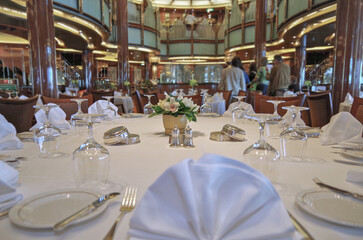 Art Deco interior design style furniture, carpets and paneling onboard classic ocean liner cruiseship cruise ship main dining room restaurant