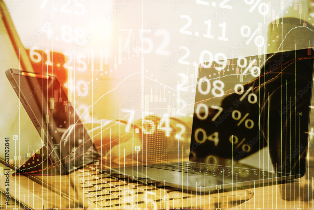 Poster financial data of stock market in term of a digital prices on led display. a number of daily market 