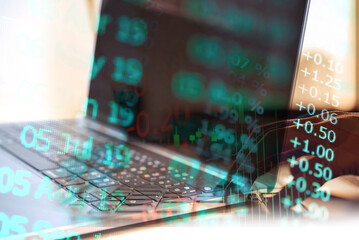 Financial data of stock market in term of a digital prices on LED display. A number of daily market price and quotation of prices chart to represent candle stick tracking in Forex trading.