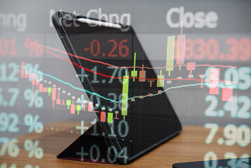 Financial data of stock market in term of a digital prices on LED display. A number of daily market price and quotation of prices chart to represent candle stick tracking in Forex trading.
