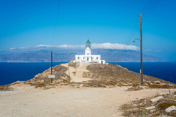 Armenistis Lighthouse, in Mykonos, Aegean Sea, Greece.