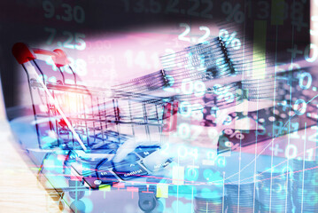 Financial data of stock market in term of a digital prices on LED display. A number of daily market price and quotation of prices chart to represent candle stick tracking in Forex trading.