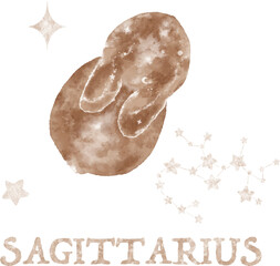 Hand drawn magic rabbit illustration, moon and stars. Cute watercolor bunny. Zodiac constellation Sagittarius