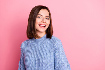Fototapeta premium Closeup photo of young beautiful girl looking laughing flirty looking you isolated on pink color background