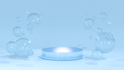 Cosmetics display stand. The glass podium stands on a bright background. 3D rendering of Cosmetics Blue bubbles on defocus background.	