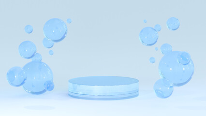 Cosmetics display stand. On a bright background, the glass podium is present. Cosmetics Blue bubbles rendered in 3D on a blurred background.
Cosmetics display stand. On a bright background, the glass 