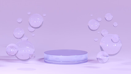 Cosmetics display stand. spherical on a purple background. 3D rendering of Cosmetics bubbles on defocus background.