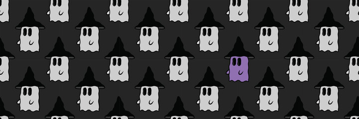 Halloween witch hat banner header seamless pattern cute little ghost
