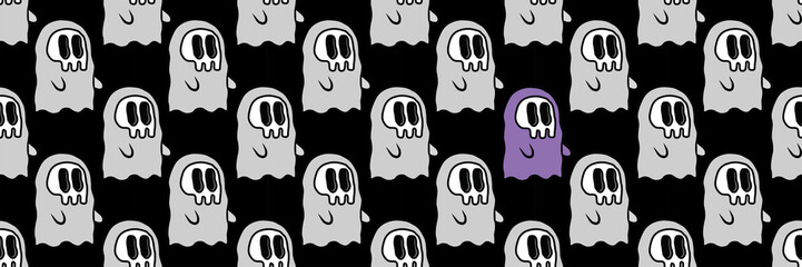 Cute little ghost skull face seamless pattern banner header Halloween one of a kind