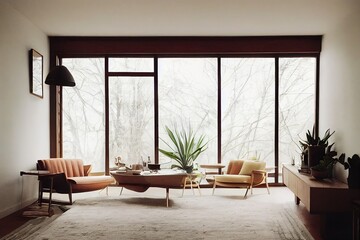 3d illustration of a mid century modern living room