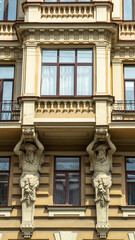 Fototapeta na wymiar Statues or bas-reliefs of Atlanteans on Profitable House of Ratkov-Rozhnov on embankment of Griboyedov Canal, St. Petersburg, Russia. Vertical image