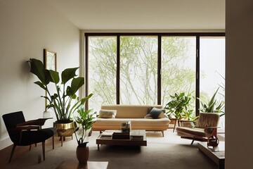 Fototapeta premium 3d illustration of a mid century modern living room