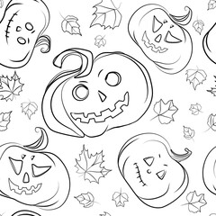 Halloween pumpkins seamless pattern line drawing black and white vector illustration.Scary backdrop. Halloween holiday concept.Party decoration.Hand drawn pumpkin