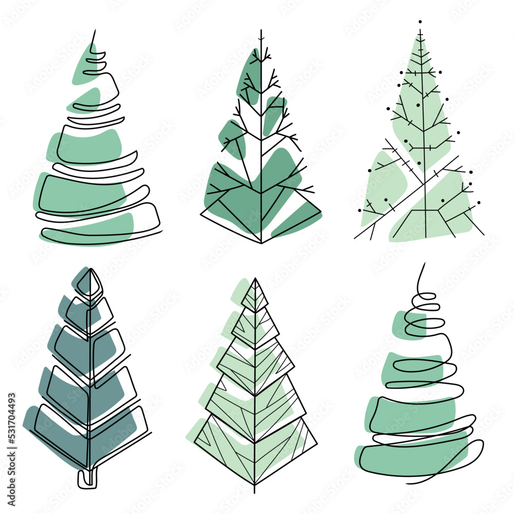 Poster christmas trees drawing in minimal art style vector isolated set.abstract christmas trees in scandin