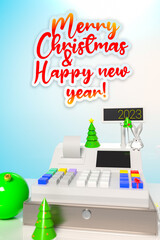 Background with a cash register surrounded by Christmas trees and decorations with the inscription Merry Christmas and happy new year. Template on the theme of holidays in shops and retail