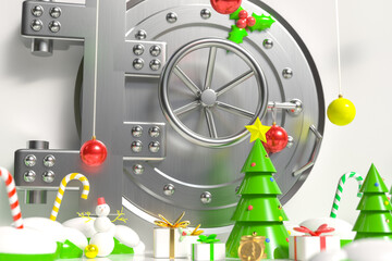Large round door of a safe in a bank with winter decorations. Background on the theme of finance, Christmas and New Year.