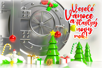 Large round door of a safe in a bank with winter decorations. Background on the theme of finance with the inscription Merry Christmas and Happy New Year in Czech.