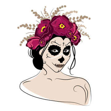 Woman face with sugar skull makeup and flower wreath on head.Calavera Catrina for poster,card emblem design vector illustration isolated.Dia de los Muertos,Mexican holiday Day of the Dead, Halloween