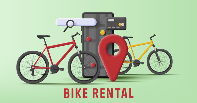 3d illustration bicycle rental service mobile application, smartphone card payment. Vector illustration