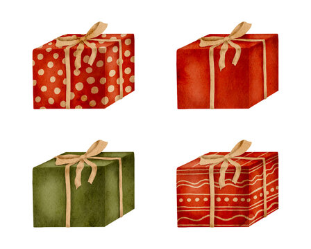 Watercolor gift boxes set. Hand drawn green and red boxes with golden ribbon bows isolated on white. Birthday decor, Christmas presents illustration. Festive holiday decoration